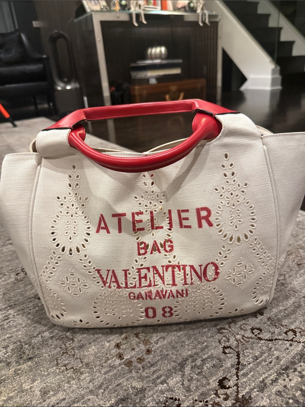 Valentino Garavani White Canvas Tote with Red Handles and Logo